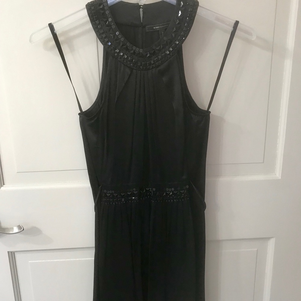 Black silk dress with embellishments